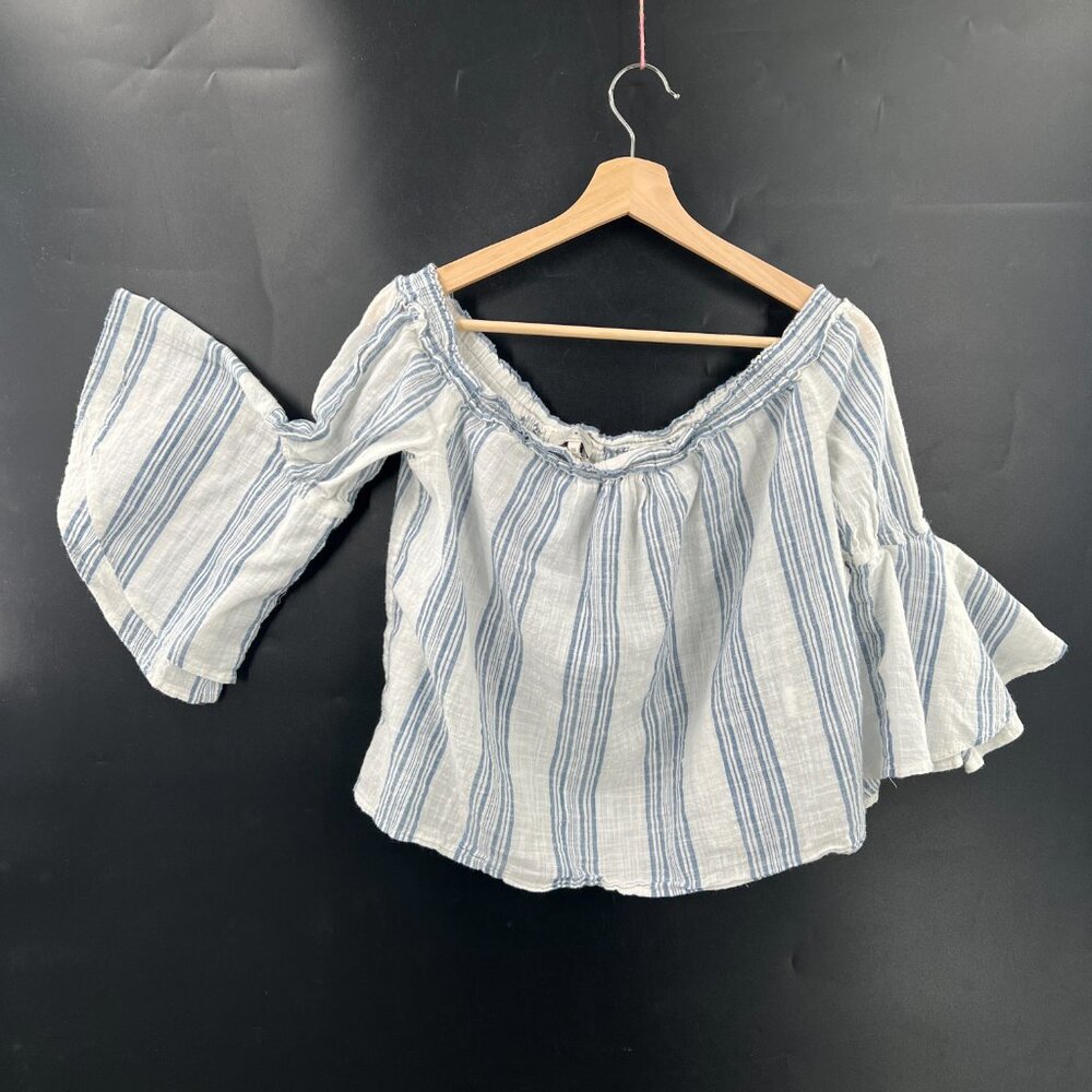 Lucky Brand bell sleeve off the shoulder cotton crop top beachy coastal blue M - Picture 2 of 11